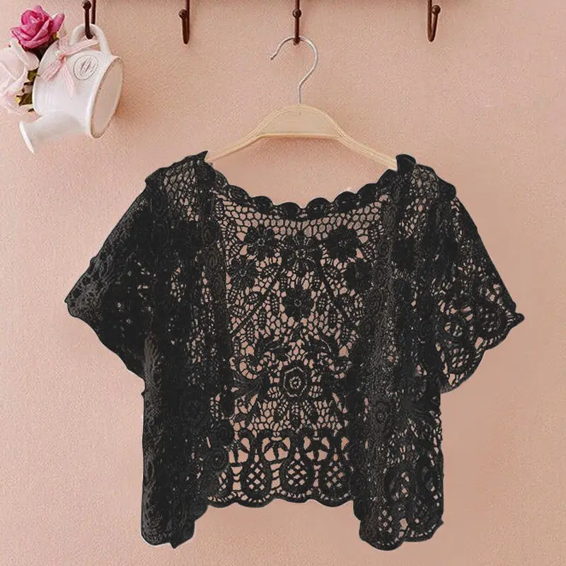 Summer Short Take Small Cape Thin Hollow Out Short Sleeve Vest Lace Cardigan Women\'s Versatile Coat Sunscreen