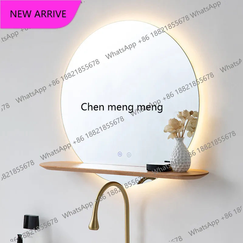 A139Smart bathroom cabinet mirror Oak cherry wood solid wood bathroom adjustable brightness round mirror