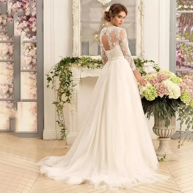 Customized Vestidos De Noiva Elegant Princess Wedding Dresses  Long Sleeve O-Neck Appliques Lace-up Bride Gown Robe Mariée
