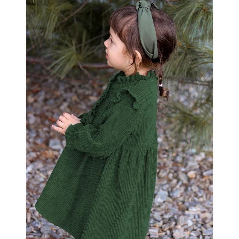 Chic Ruffled Crew Neck Corduroy Princess Dress Girls Autumn Winter New Retro Warm Buttons Back Zipper Long-Sleeved Dresses