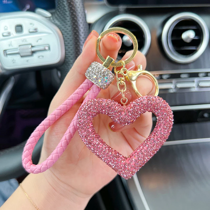 Car Key Chain Pendant Diamond-studded Hollow Pottery Mud Full of Diamond Love Key Chain Fashion Cute Car Decoration Supplies New