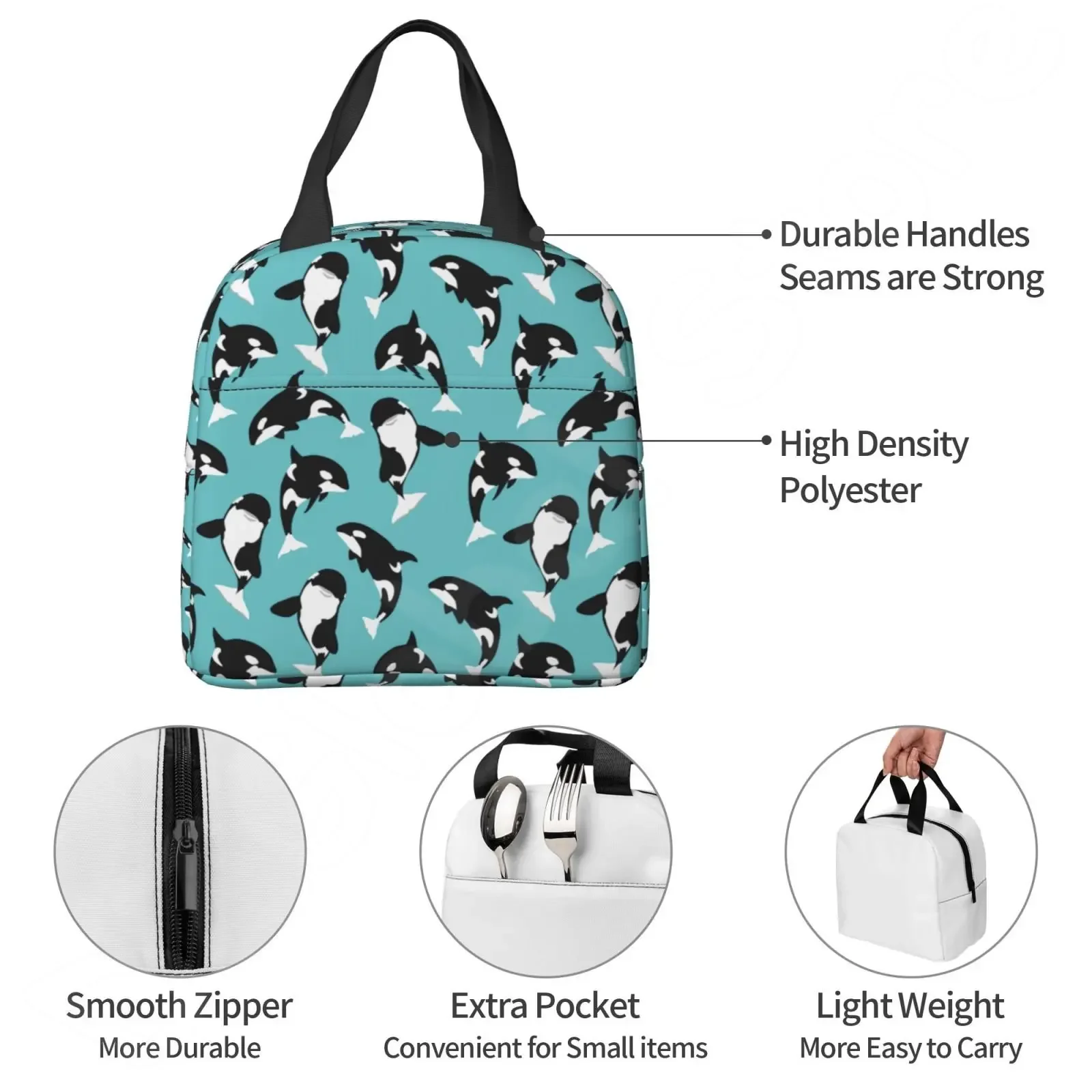 Killer Whale Orca Insulated Lunch Bag Cute Cartoon Animal Print Thermal Bento Tote Bag for Kid Adult Lunch Box for School Office