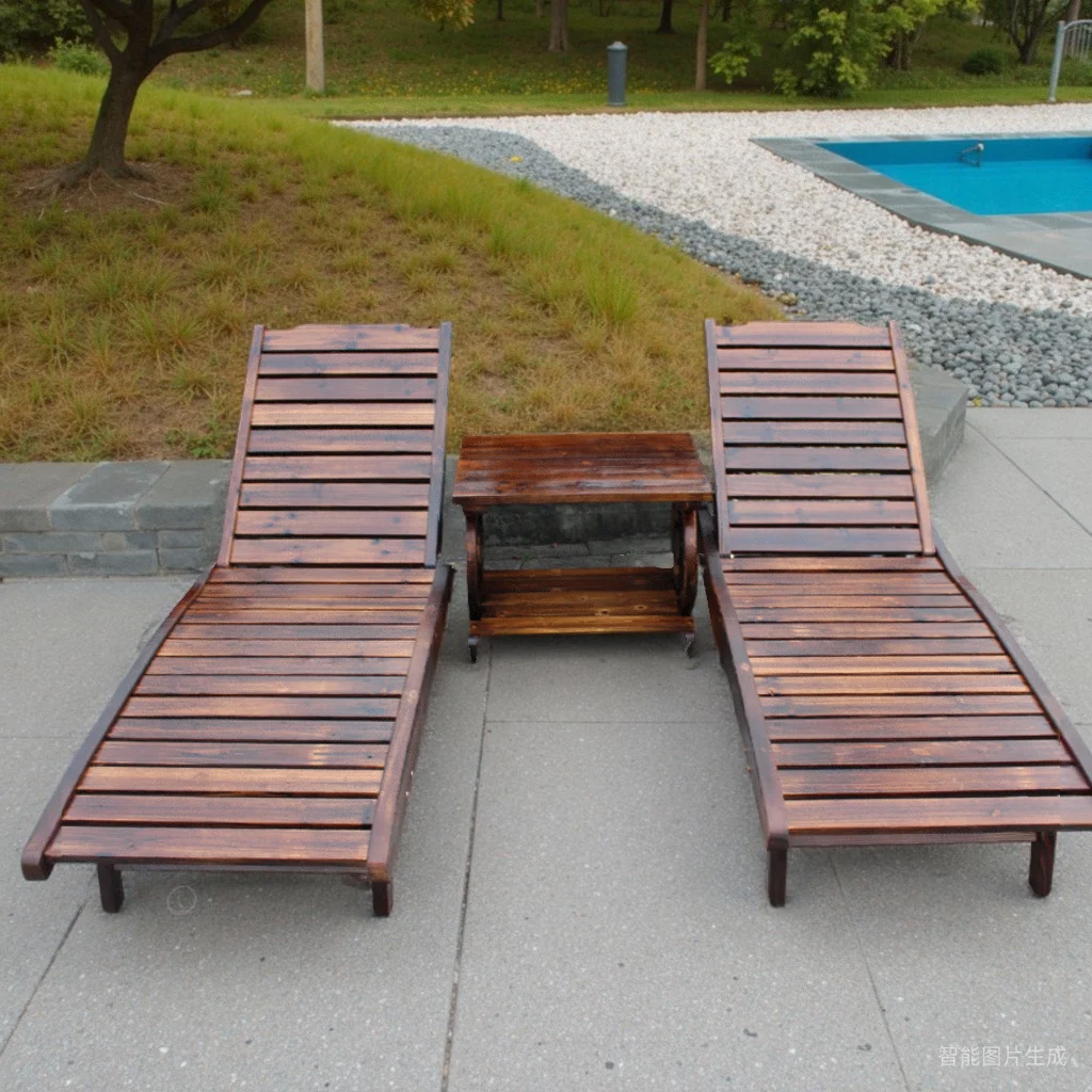 Carbonized outdoor solid wood seaside beach bed outdoor balcony deck chair courtyard swimming pool lunch break bed nap bed
