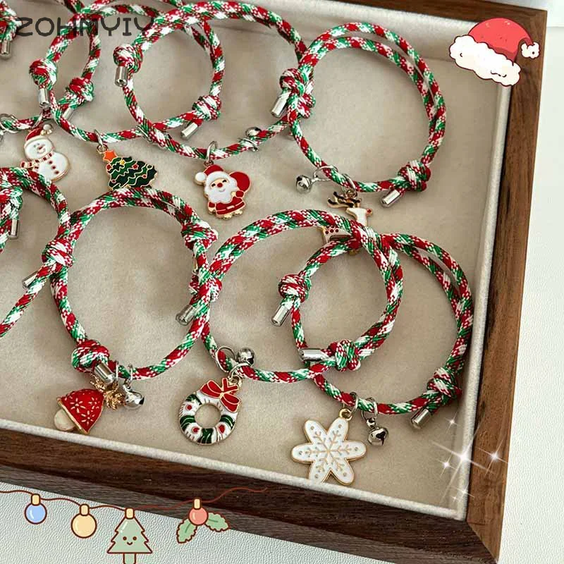 شجرة عيد الميلاد سانتا كلوز الأيائل ثلج البطريق قلادة زوجين سوار مع جرس الإبداعية الكرتون قابل للتعديل عشاق اليد حبل