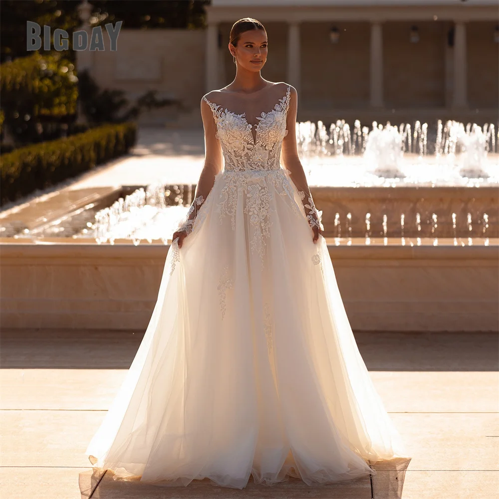 

BIGDAY Lace Appliqued A-Line Wedding Dress V-Neck Long Sleeve Illusion Back Pleat Tulle Bridal Gown Vestido De Noiva Customized