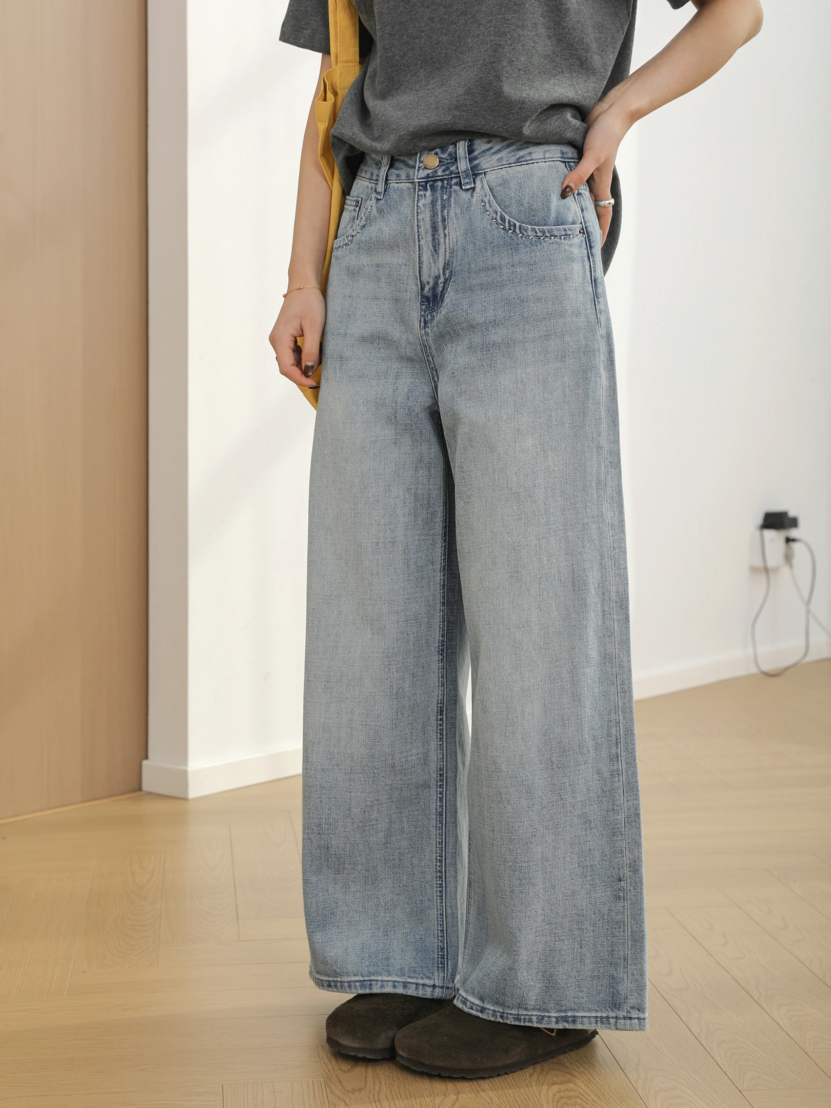 

Женские брюки Sanmu с высокой талией, прямые, широкие, из хлопкового денима с бамбуковой текстурой, светлые, модные, весенняя новинка