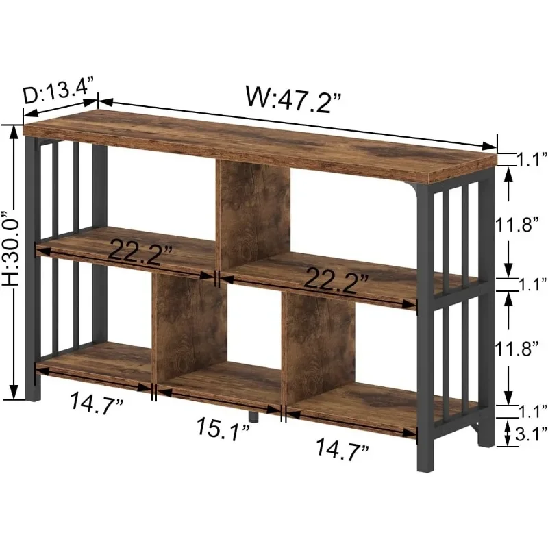 IBF Farmhouse 3 Tier Open Book Shelf, Wood and Metal 5 Cube Storage Organizer, Modern Low Horizontal Bookshelf