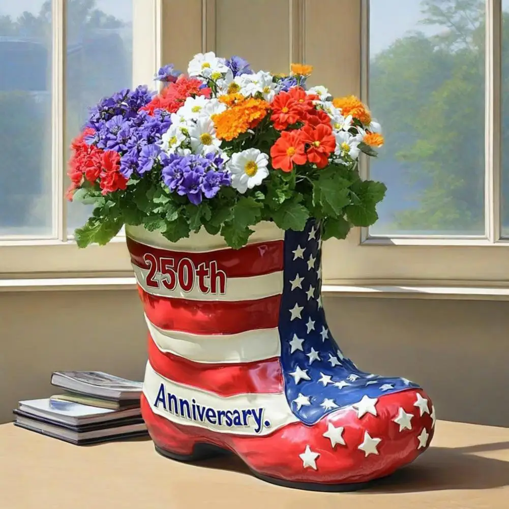 

Resin Boot-shaped Flower Pot Patriotic American Flag Boot Planter 250th Statue Collector Gift Active Service Collectible 250th