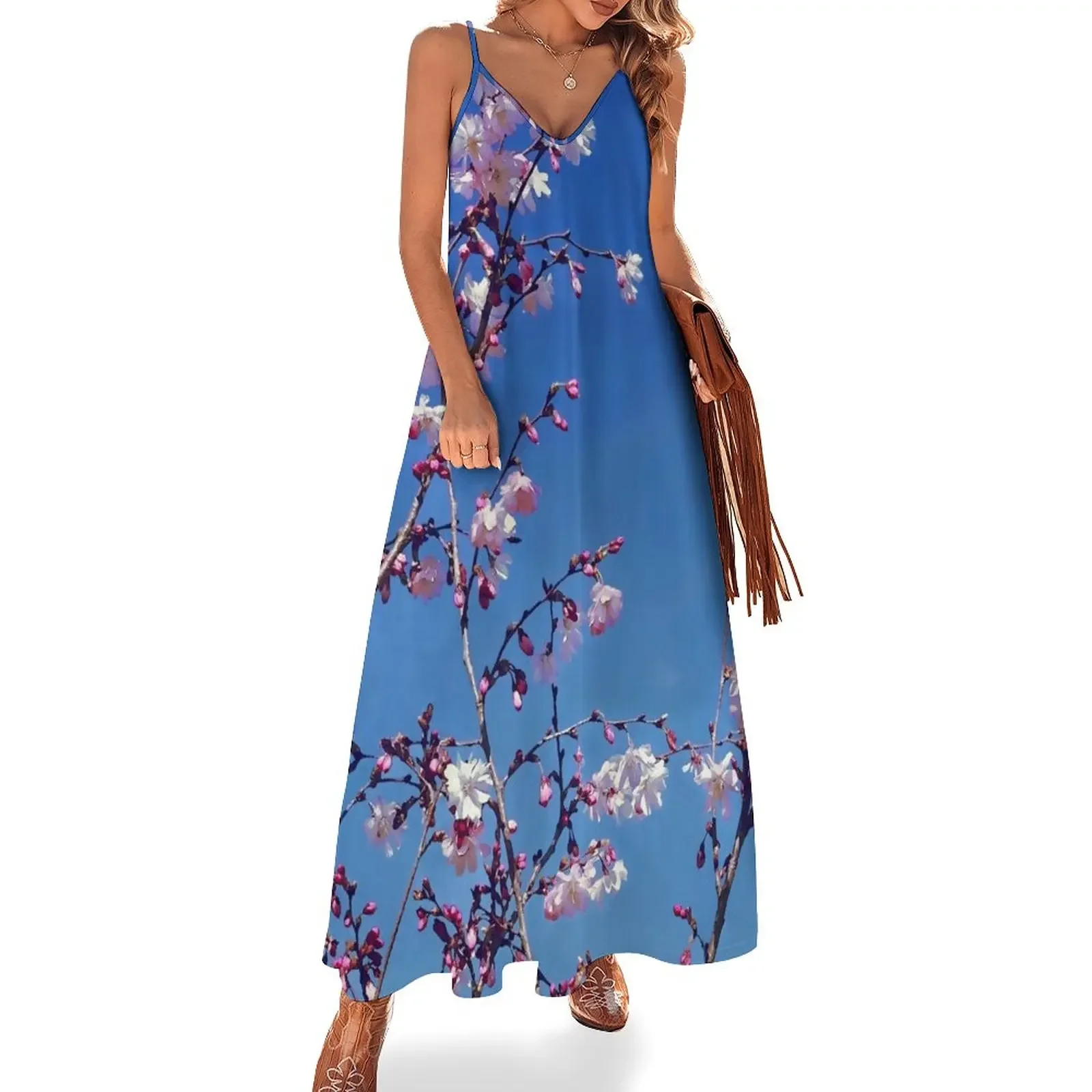 

Cherry Blossom Branches Sleeveless Dress Women long dress Women's summer skirt