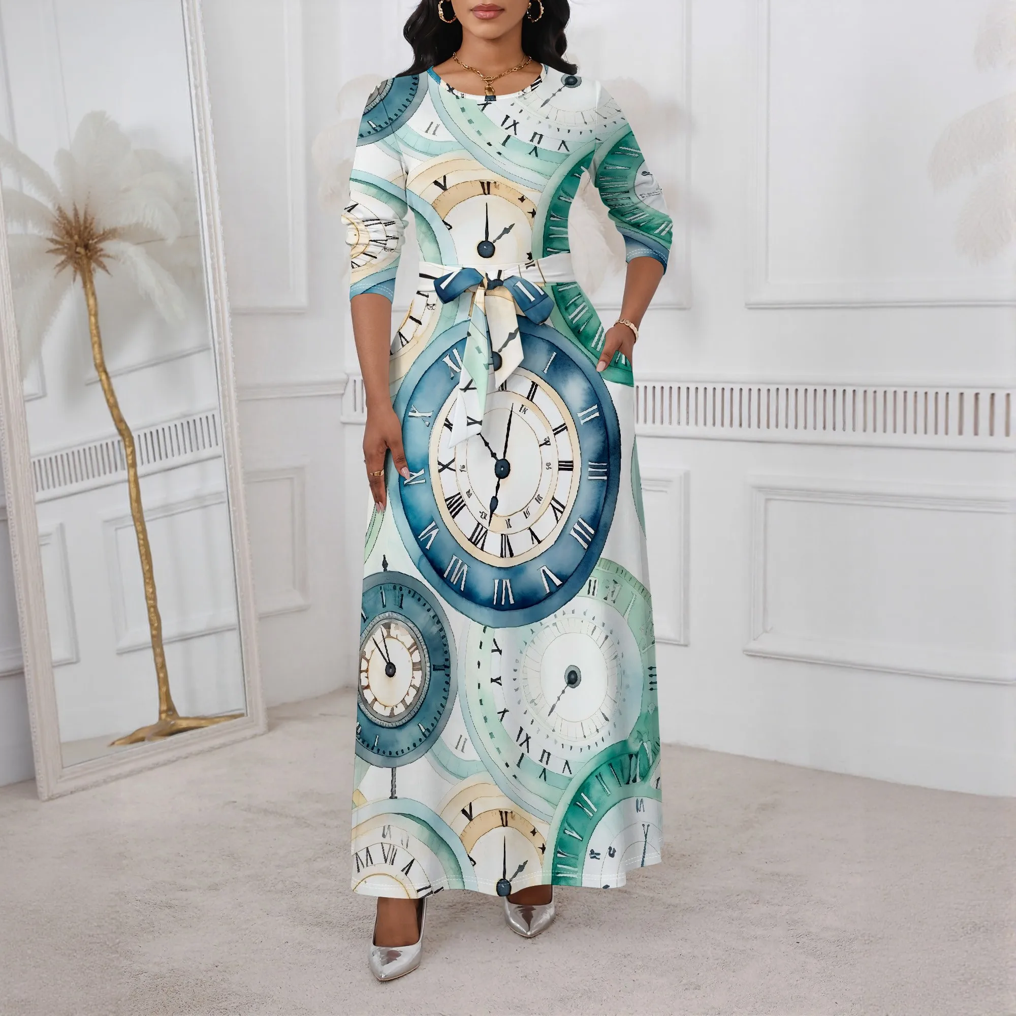 

2025 Fall Steampunk Maxi Dress for Women XS-3XL Retro Clock Print Long Belted Dress with 3/4 Sleeves Artistic Style