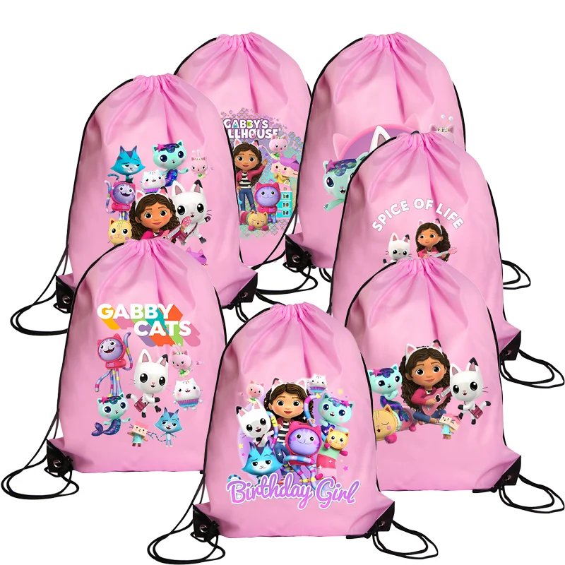 Gabby Dollhouse Drawstring Pockets Girl Cute Cartoon String Bags Clothes Shoes Storage Waterproof Packaging Pocket Pink Backpack