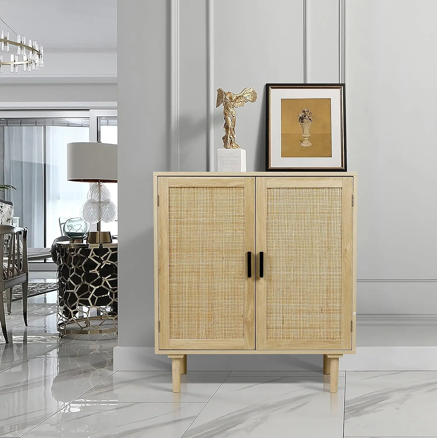 Sideboard Buffet Kitchen Storage Cabinet with Rattan Decorated Doors, Dining Room, Hallway, Cupboard Console Table, Liquor