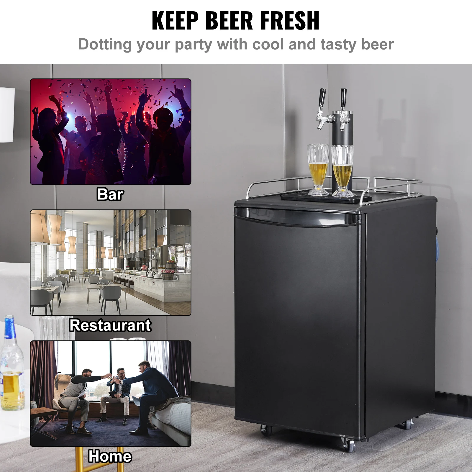 VEVOR Beer Kegerator Dual Tap Draft Beer Dispenser Full Size Keg Refrigerator with CO2 Cylinder Shelves Drip Tray & Rail Black