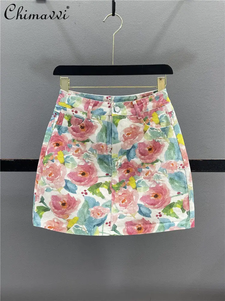 

Vintage Print Denim Midi Skirt Women's 2026 Summer New Fashion High-waisted Slimming Versatile A-line Bodycon Mini Skirt