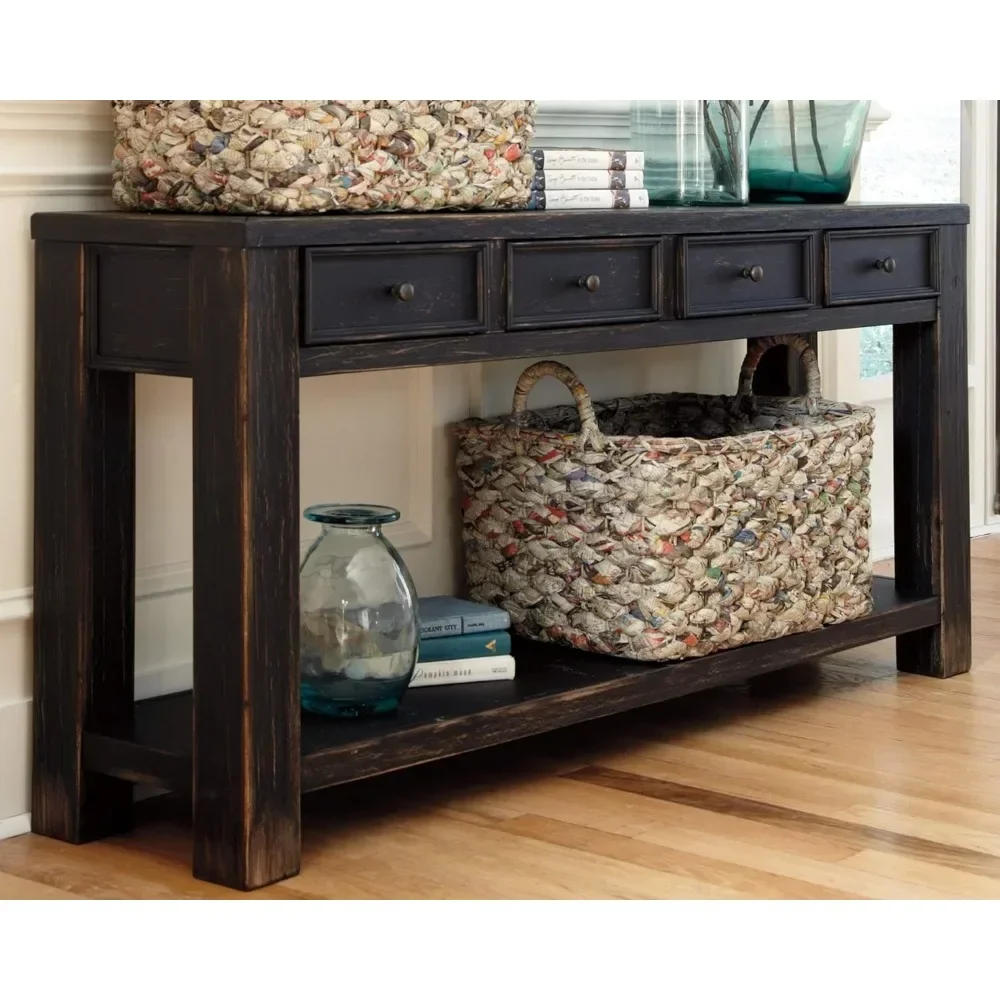 Gavelston Rustic Sofa Table with 4 Drawers and Lower Shelf, Weathered Black