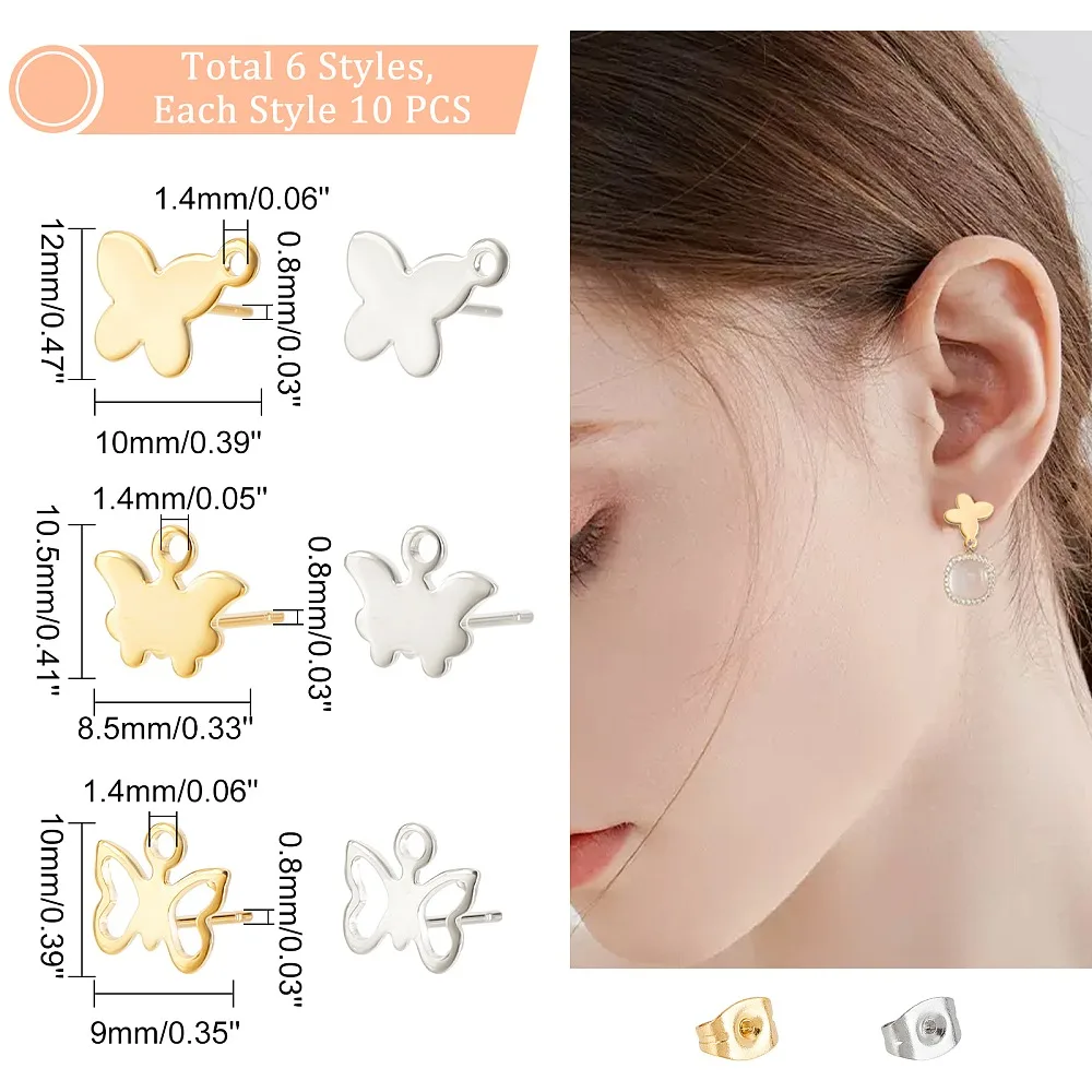 1 صندوق 60 قطعة 6 نمط 304 الفولاذ المقاوم للصدأ قرط الاذن المرصع النتائج مع حلقات أفقية و 201 الفولاذ المقاوم للصدأ الأذن المكسرات/القرط