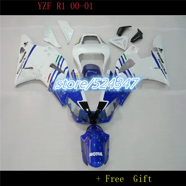 Hey-Body Work Kits White Blue  Plastic Fairings For  YZFR1 2000 2001 00 01 Motorcycle Covering Free Gift for Yamaha