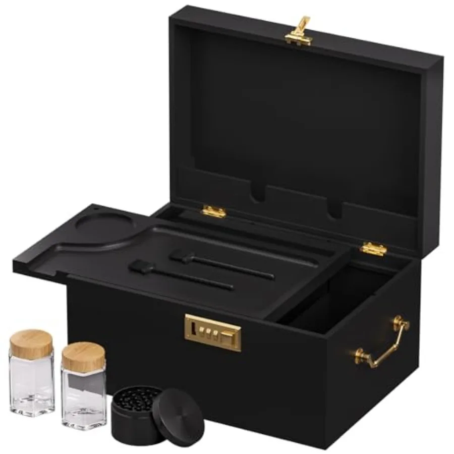 

Lockable stash with rolling tray Premium organizer with grinder, jars and brushes Stylish wooden stash s, spacious Storage, gre