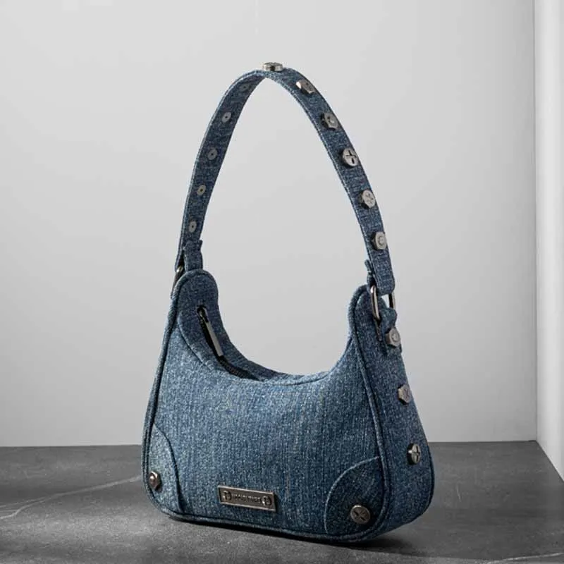 New Saddle Bag Underarm Bag Denim Rivet One Shoulder Handheld Women's Bag Personalized Fashion Punk Style Tote Sets Female Bags