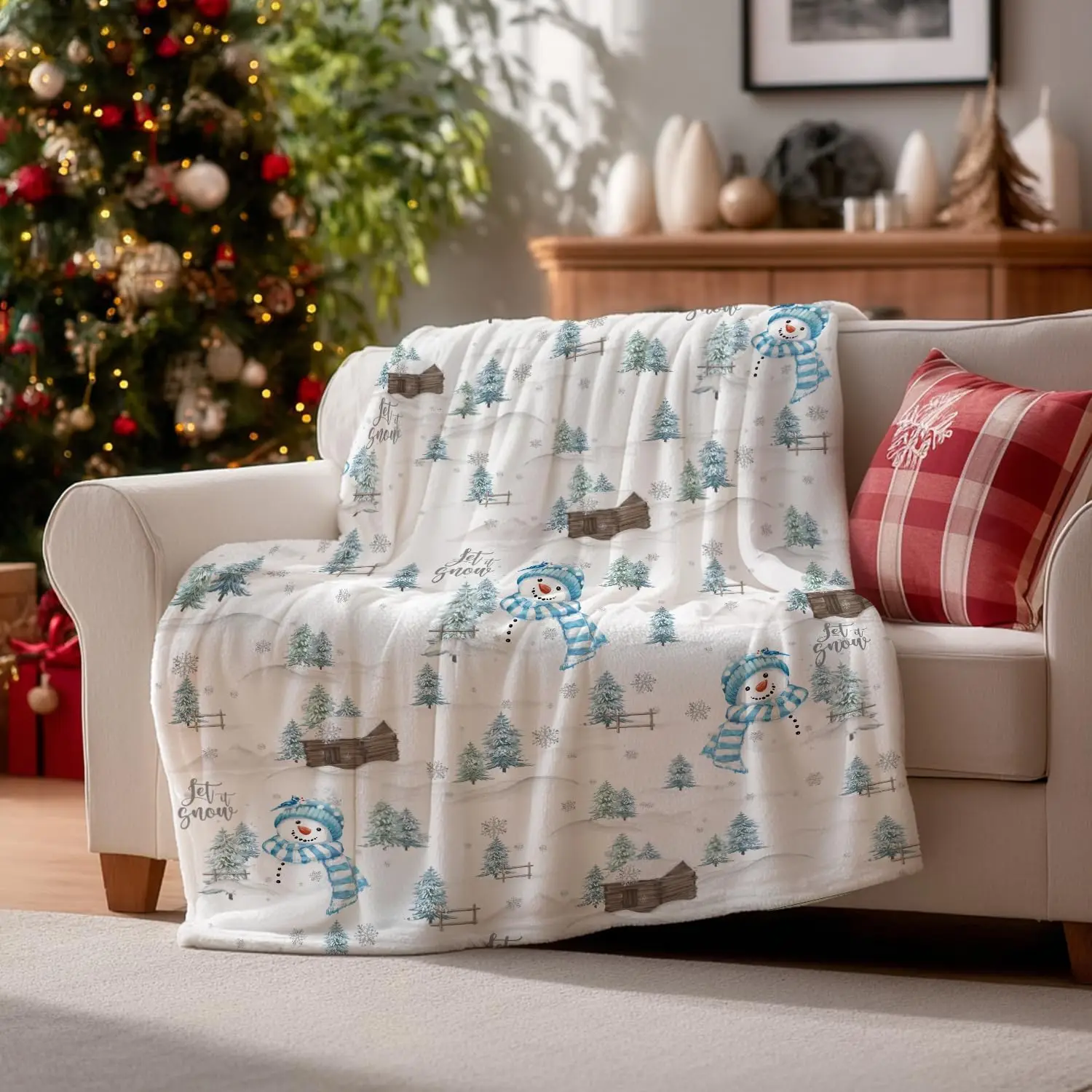 Christmas Flannel Blanket Throw, Blue Snowman Pine Snow Soft Fuzzy Plush Cozy Fleece Blankets for Couch Sofa Bed Lounging