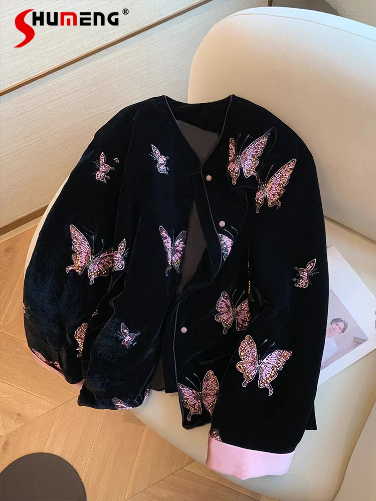 Women's 2024 Winter New Parkas Feminine Warm High-end Long Sleeve Nice Jackets New Chinese Butterfly Bead Velvet Cotton Clothes