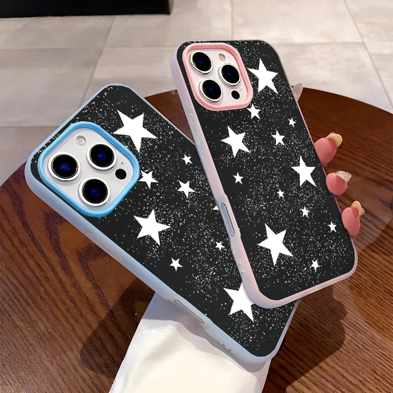 

Чехол для телефона с черным фоном, белыми звездами и рисунком гипсофилы для IPhone 16 15 14 13 12 11PROMAX, силиконовый противоударный чехол для телефона