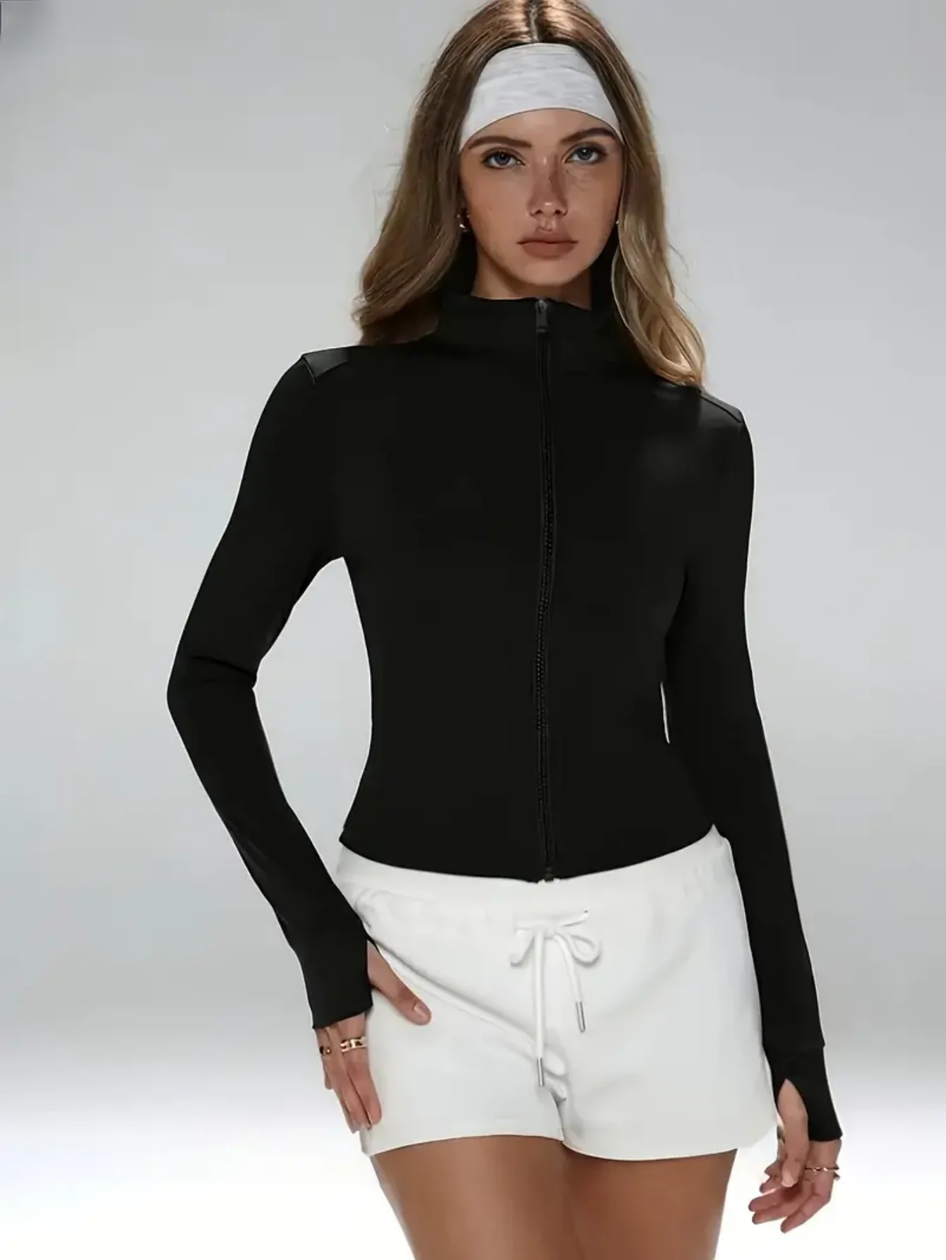 

Slim Fit Zipper Stand Collar Design Casual Wear Elastic Tummy Control Long Sleeve Thumb Hole Detail Sporty Chic