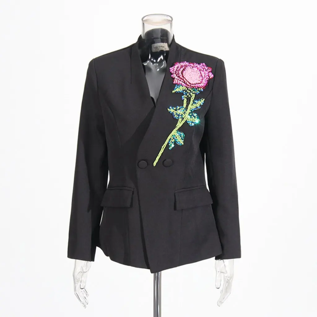 

Elegant V-Neck Flower Suit Jacket for Women Heavy Beaded Sequins Design New Fashion Spring Niche Heavy Industry Style