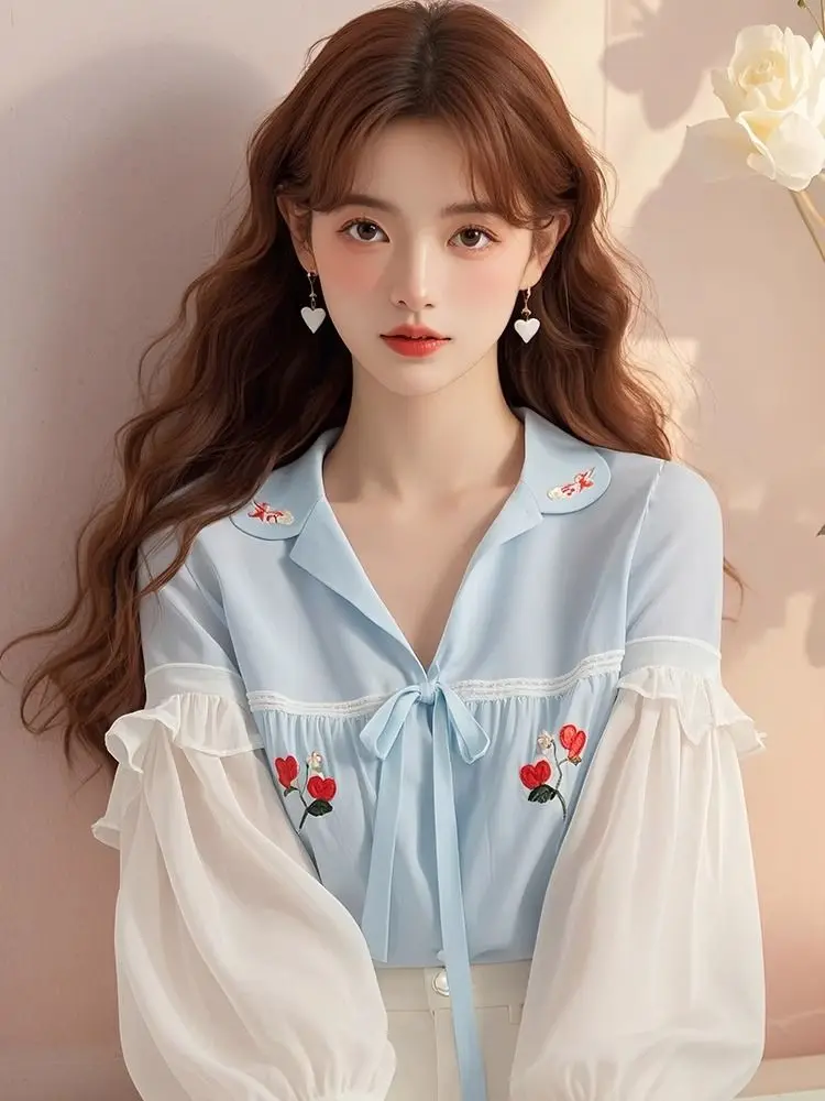 

French Sweet Blouses Peter Pan Collar Long Sleeve Patchwork Ruffles Embroidery Shirts Spring Autumn Design 2025 Women Clothing