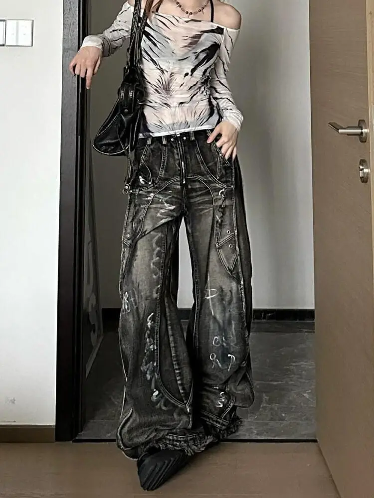 

American High Street Y2K Design Heavy Work Wide Leg Tie Dye Jeans Women Vintage Floor Length Pants High Waist Denim Trousers