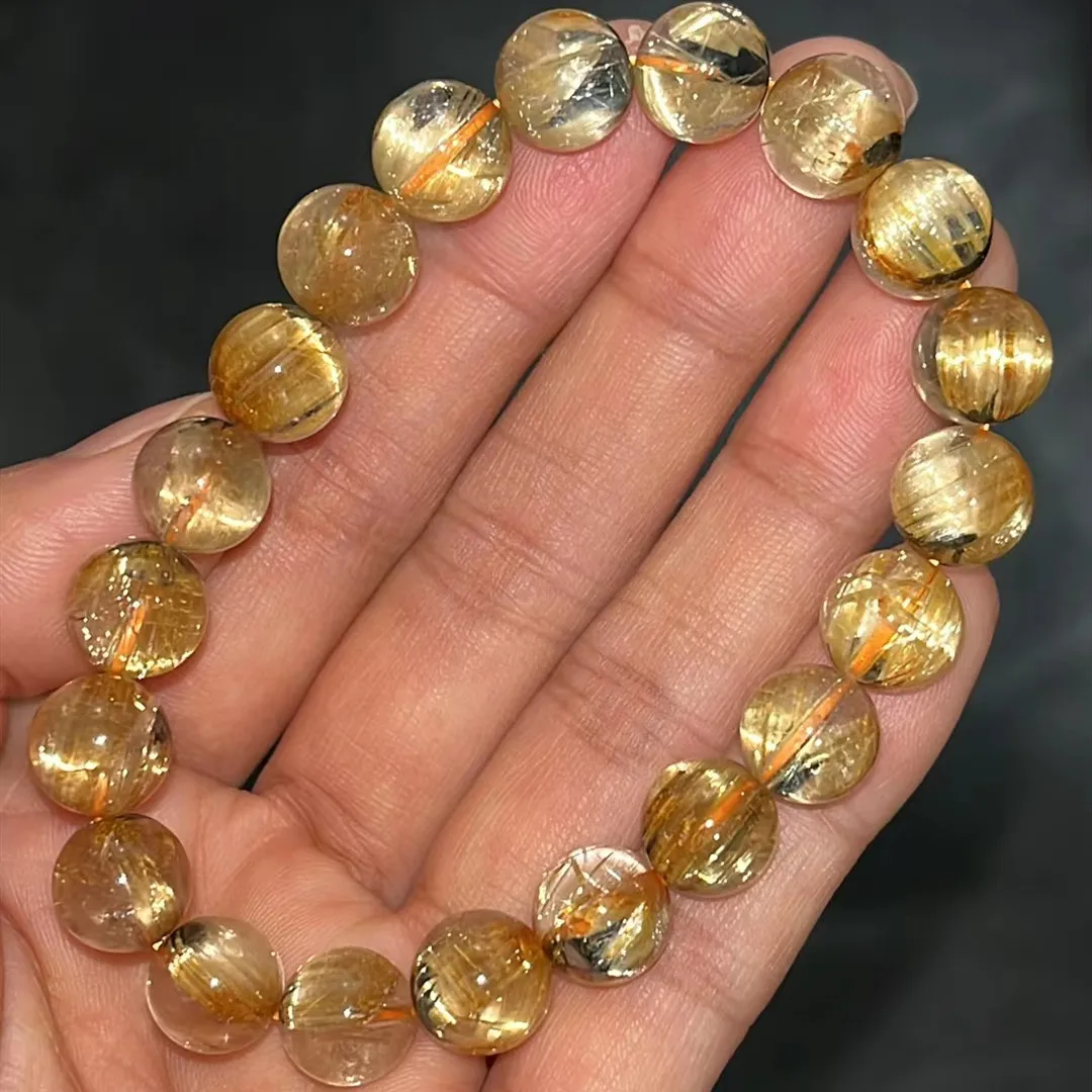 

Brazil Natural Gold Rutilated Titanium Quartz Bracelet Jewelry 9.8mm Woman Man Wealthy Clear Round Beads Crystal Charms AAAAAA