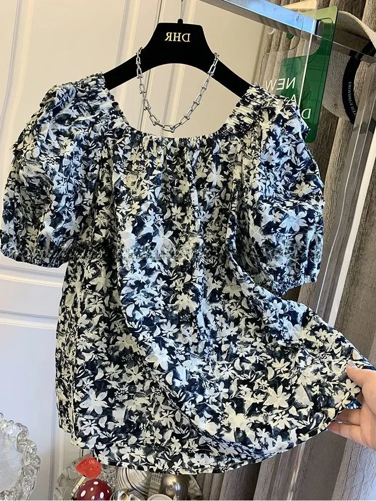 

plus Size Women's Floral Print Bubble Sve irt Summer Loose Casual Doll Top Trendy Korean Sle And Pear Body pe