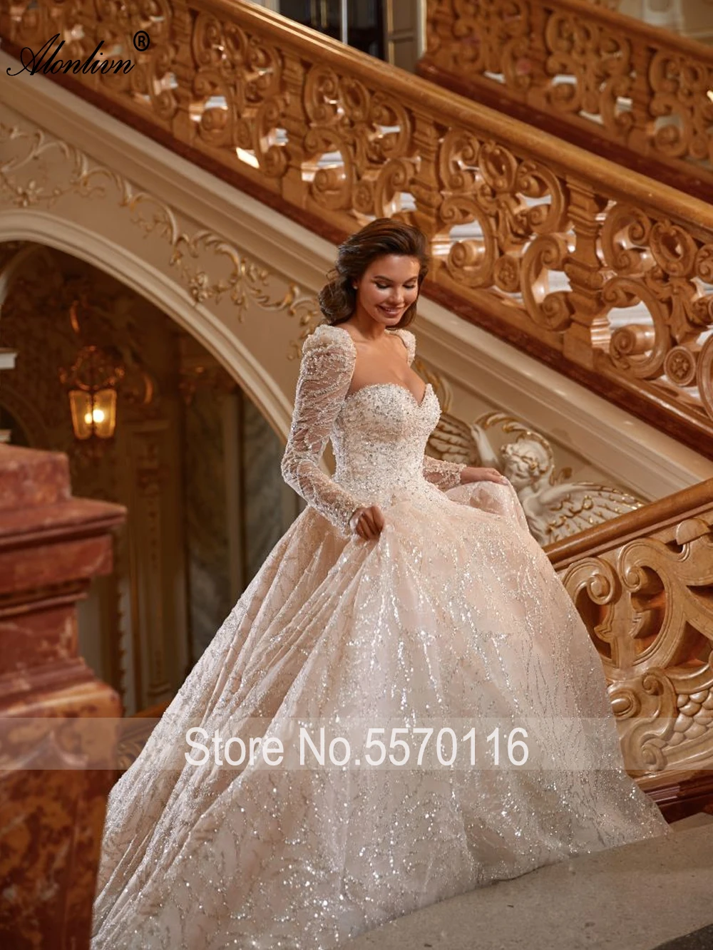 Alonlivn Wholeall Bling Lace Sweetheart A-Line Wedding Dresses Beading Pearls Embroidery Full Sleeves Bridal Gowns