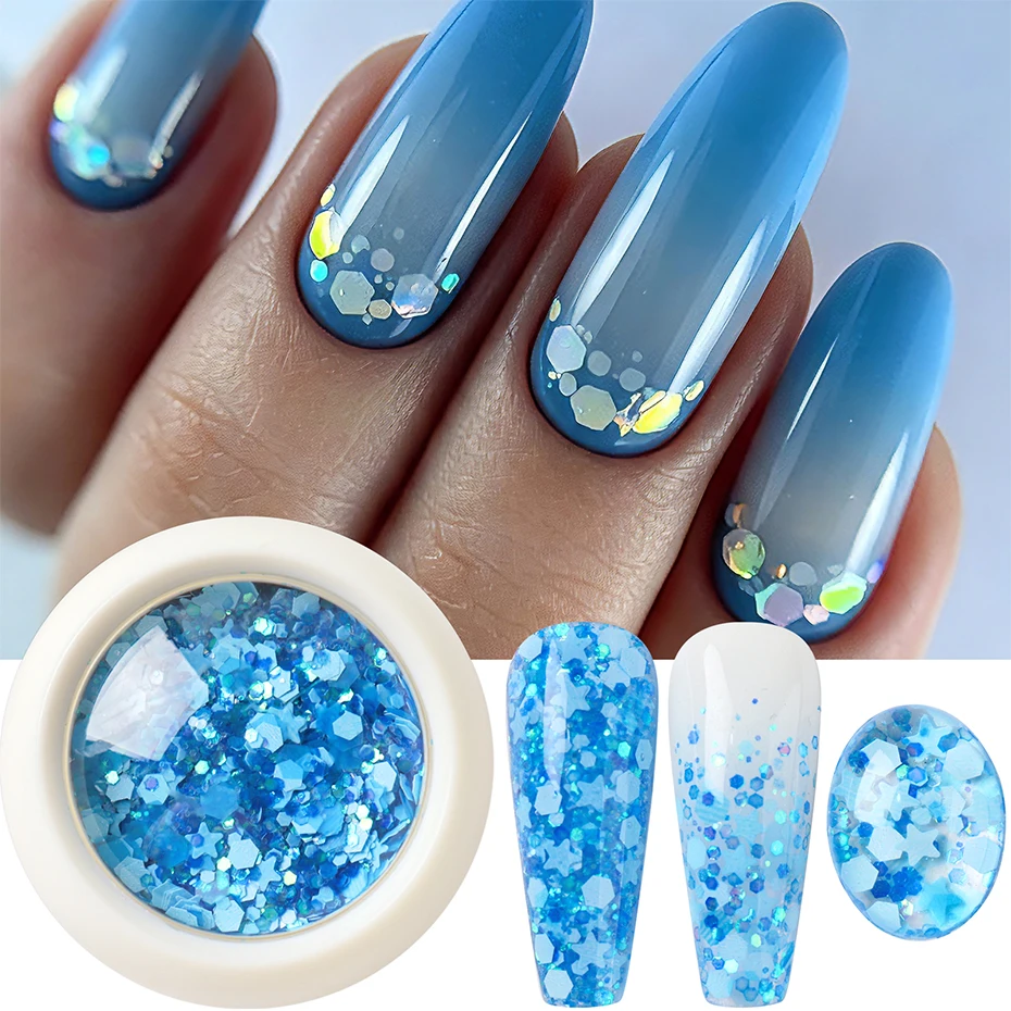 1/2pcs Blue Nail Art Sequins Hexagon Star Heart Holographic Chunky Nail Art Glitter Flakes Sparkly Confetti Manicure Decorations