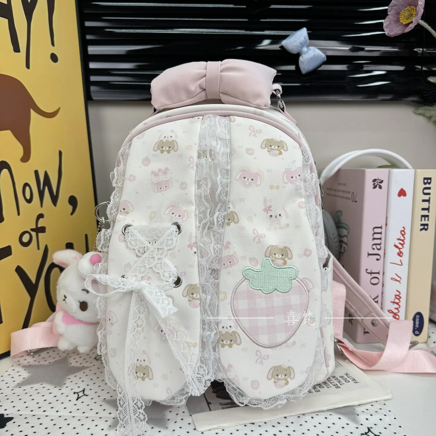 Japanese Lolita Lop-eared Rabbit Backpack Women's 2026 New College Student Class Strawberry Embroidered Casual Backpack for Girl