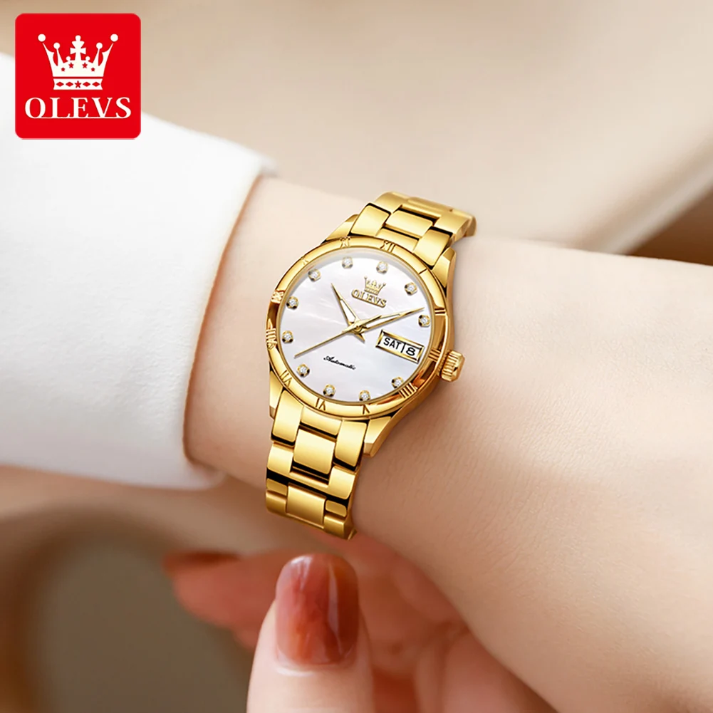 OLEVS 7030 Dual Calendar Mechanical Couple Watches Fashion Roman Scale Diamond Wristwatch Waterproof Luminous Top Brand Watch