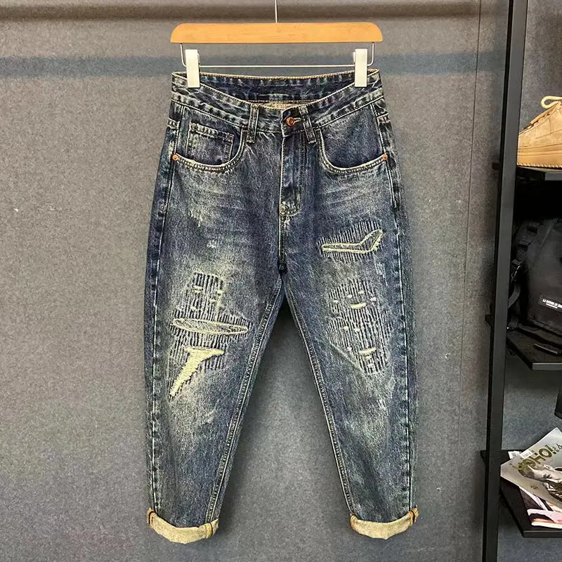 

Spring Autumn Men's Denim Jeans American Casual Trendy Patchwork Loose Straight Cone Harlan Pants Youth Popular Long Pants