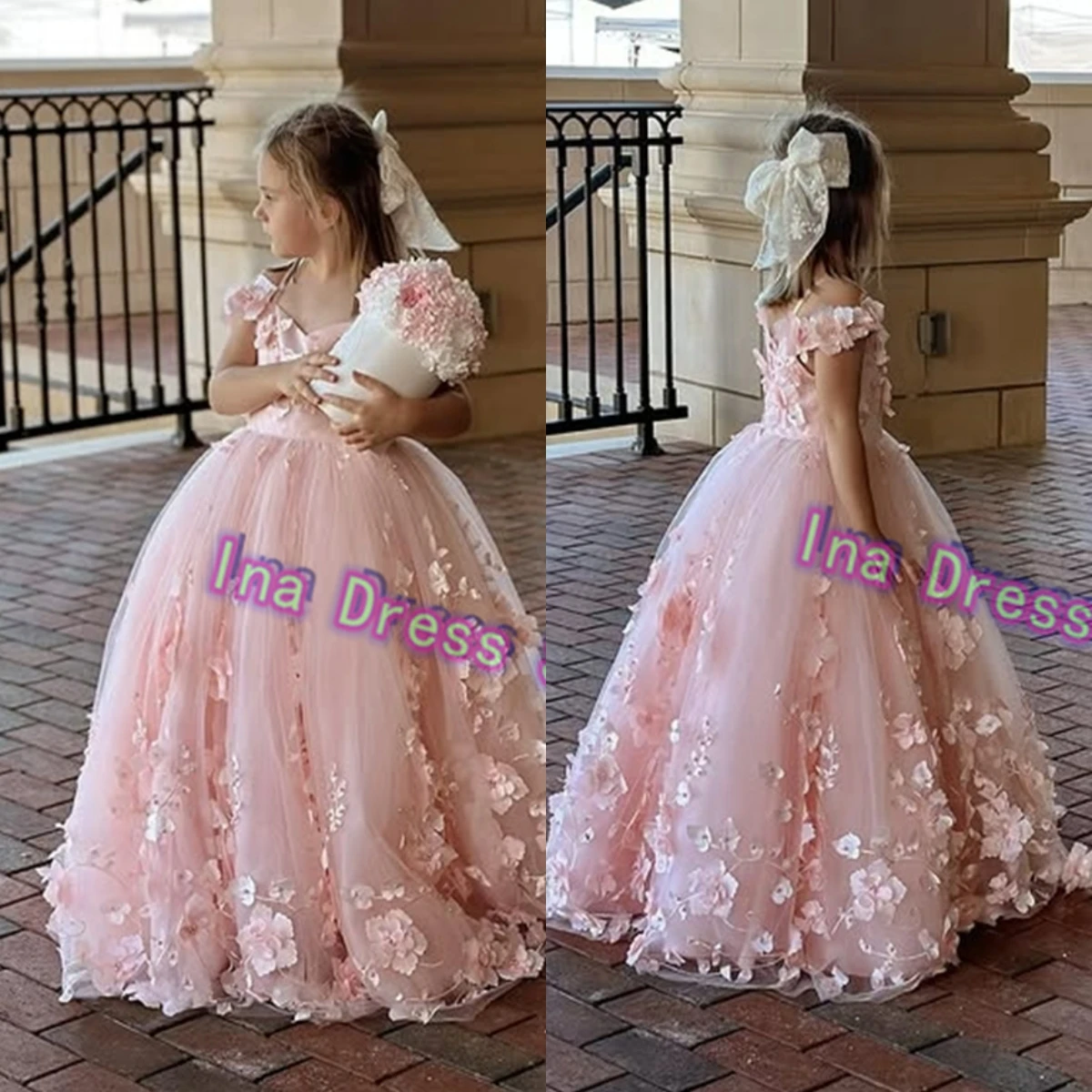 

Luxury 3D Applique Quality Flower Girl Dress Pink Tulle Fluffy Wedding Little Princess Girls Birthday Ball Party Customised Gown