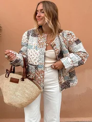 HH 2025 Winter Women's Vintage Print Cotton Coat Woman Single Breasted Quilted Jacket O-Neck Open Front High Street Outcoat