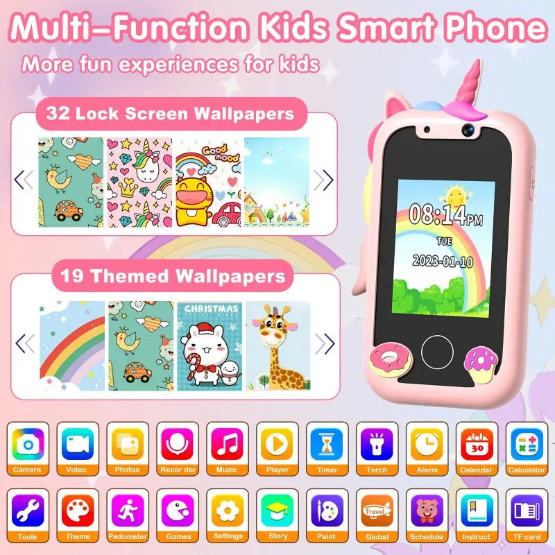 Unicorn Kids TouchScreen Toy Phone Camera MP3 Music Player Educational Birthday Gifts For Boys Girls