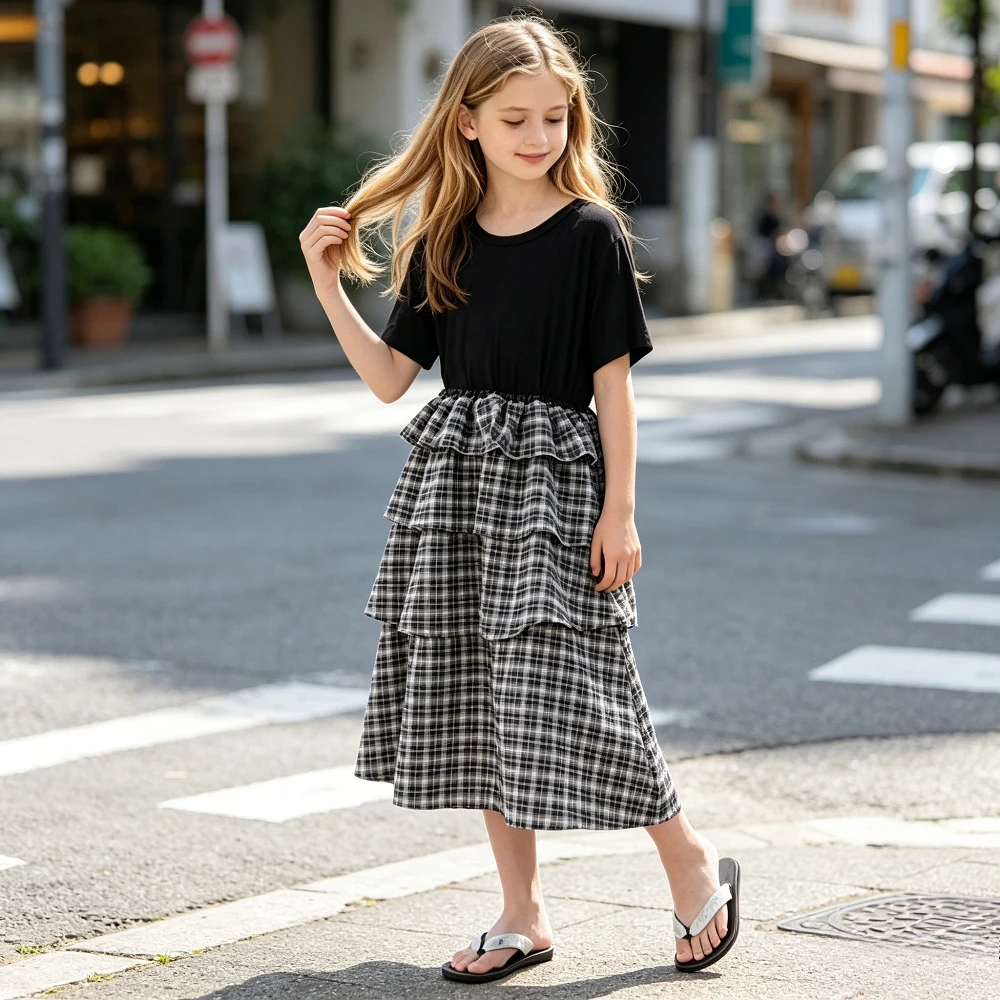 

Girls Plaid Patchwork Tiered Dress Short Sleeve Casual Dress Kids Summer Outfit for School Weekend Outings Birthday Parties Wear