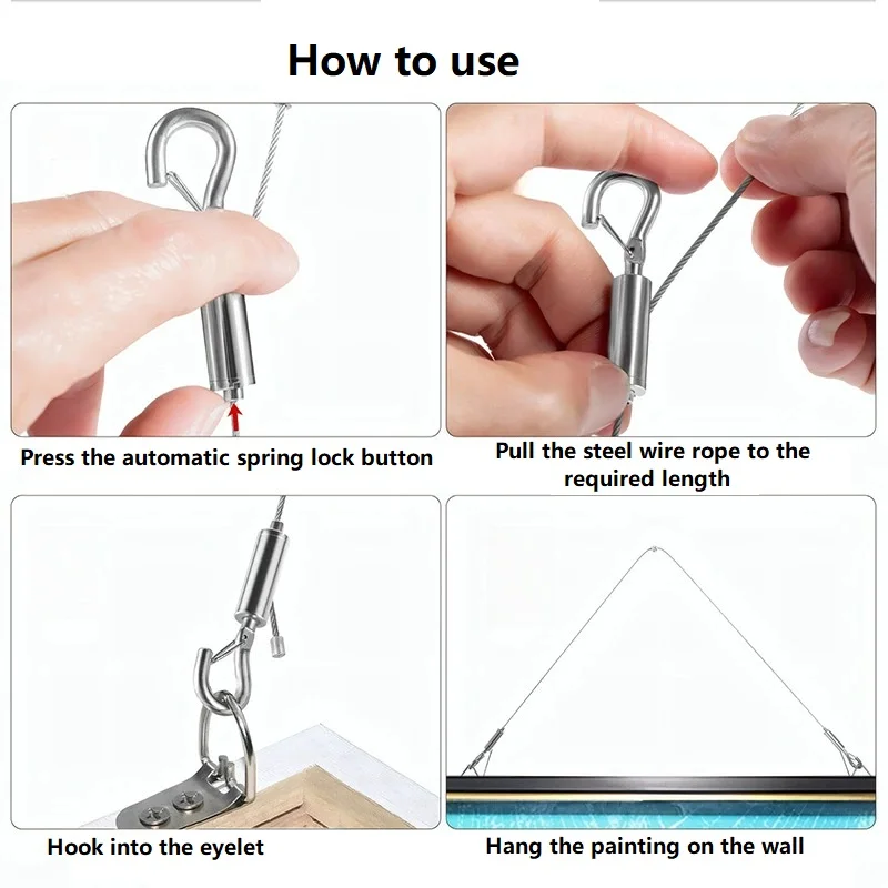 Adjustable Wire Rope Spring Hook Stainless Steel Automatic Clothesline Picture Hanging System Suspension Cable for Gallery Decor