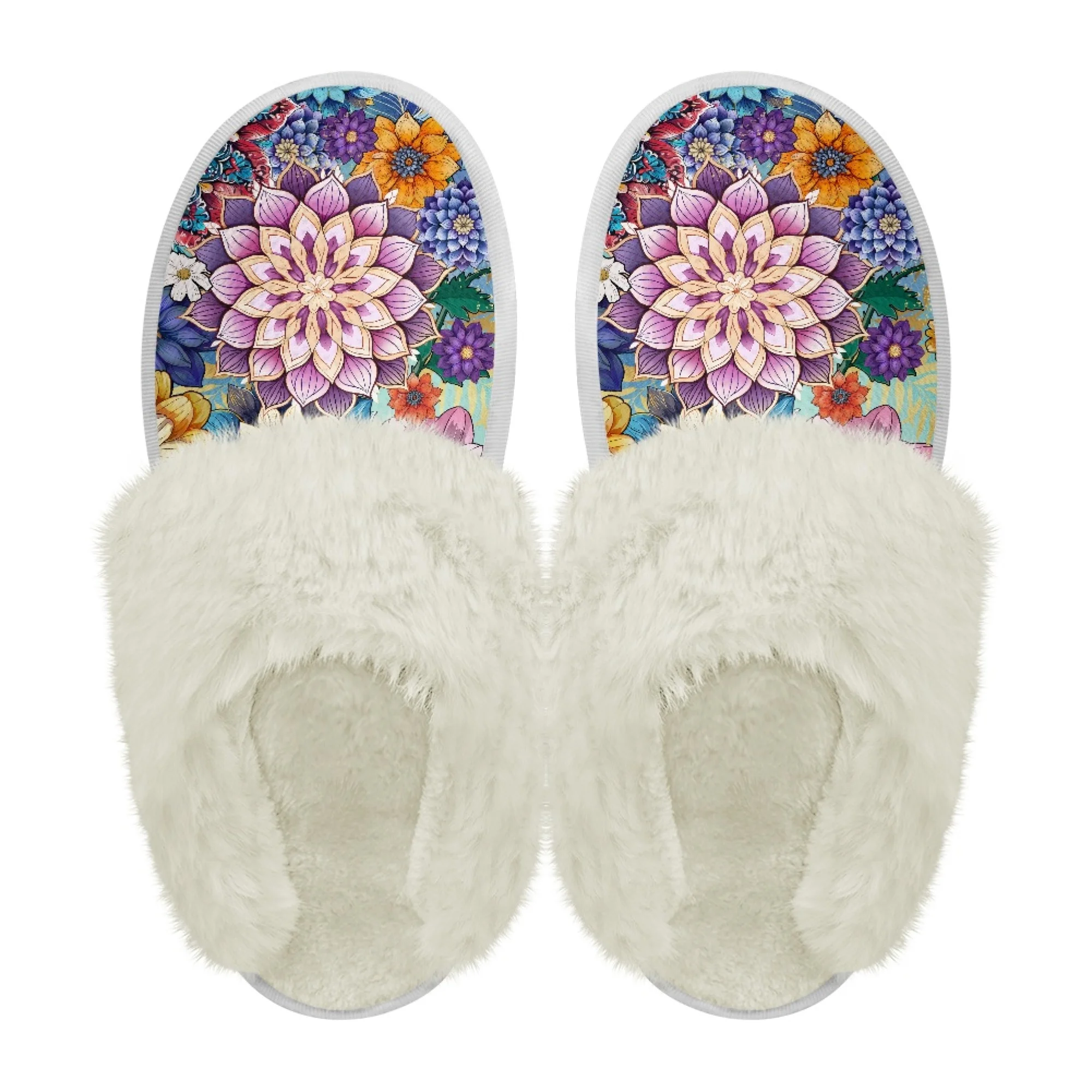 INSTANTARTS Mandala Print Women Flat Fuzzy Slippers Purple Datura Flower Winter Warm Soft Shoe Comfortable Indoor Non Slip Shoes