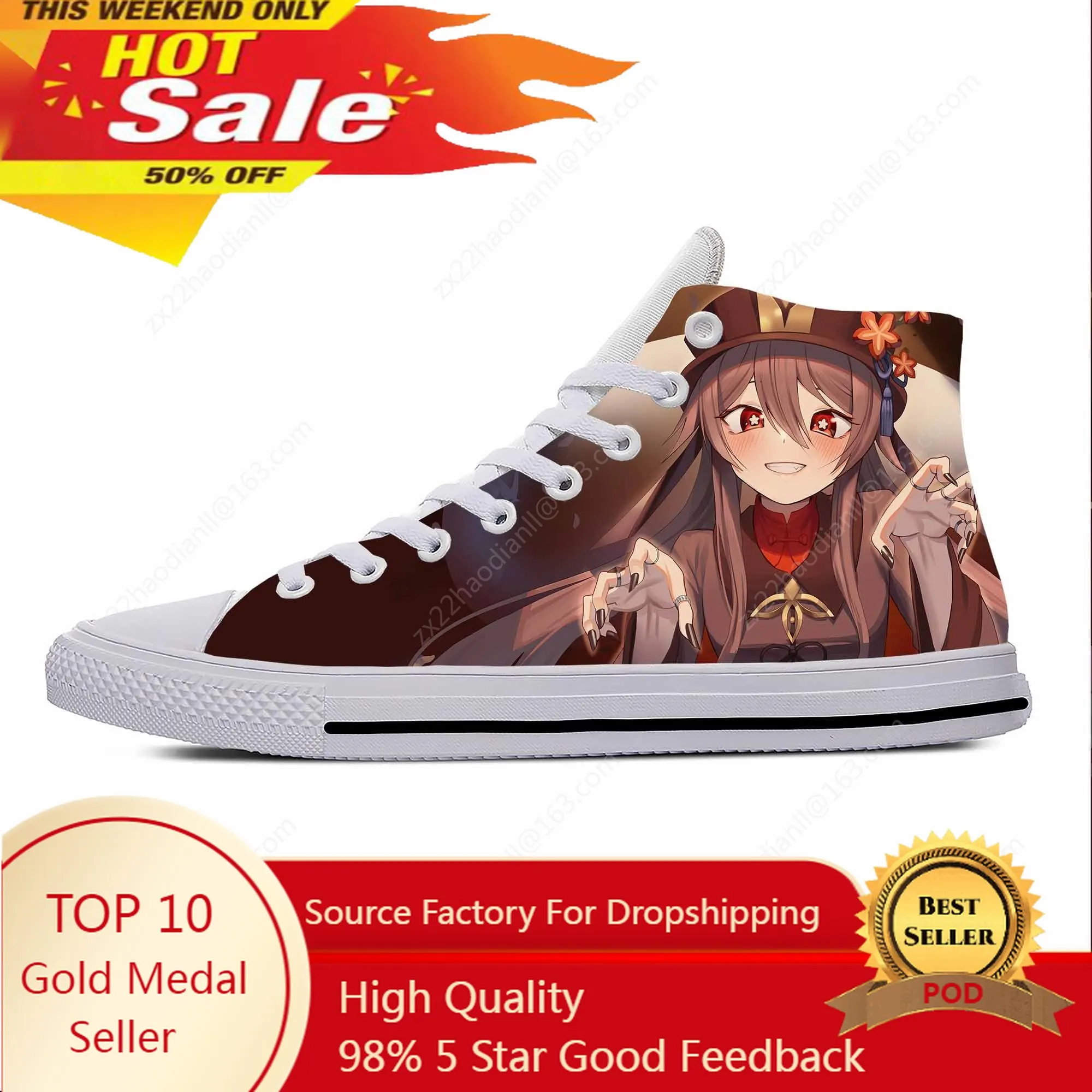 Anime Cartoon Manga Game Genshin Impact Hu Tao Casual Cloth Shoes High Top Lightweight Breathable 3D Print Men Women Sneakers