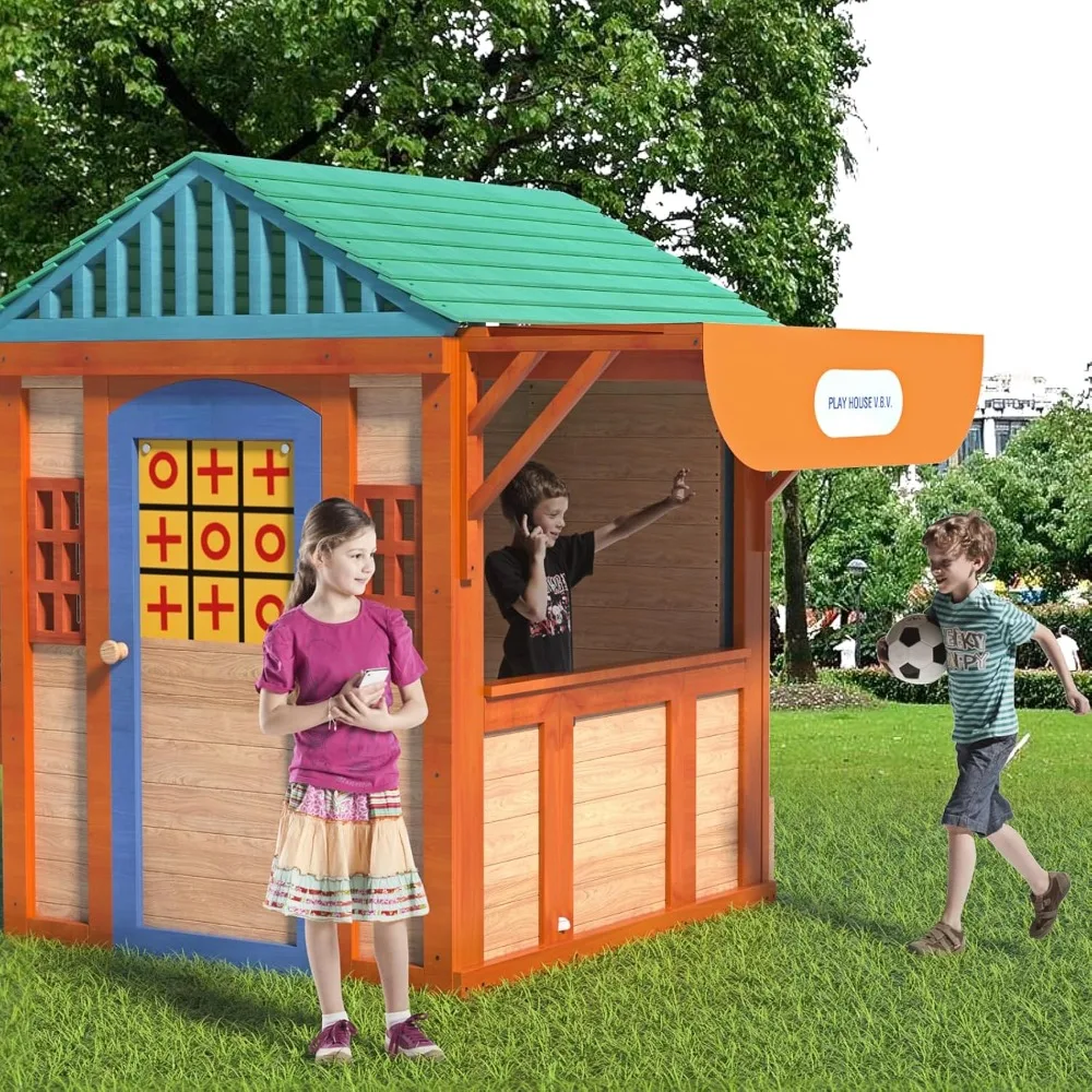 

Outdoor Playhouse for Age 3-8 Years Boy Girl, Wooden Cottage Playhouse with 4 Game Awning Window, Ball Wall & Tetris. Play House