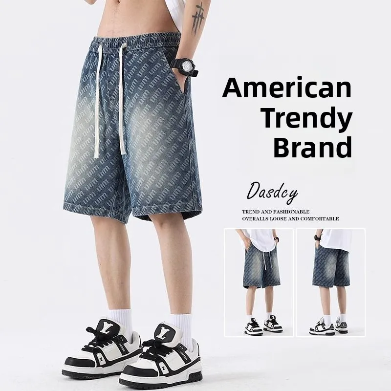 

Летние тонкие джинсы с цветочной вышивкой, мужские прямые свободные американские повседневные брюки средней длины с пятью точками, смесь хлопка из полиэстера