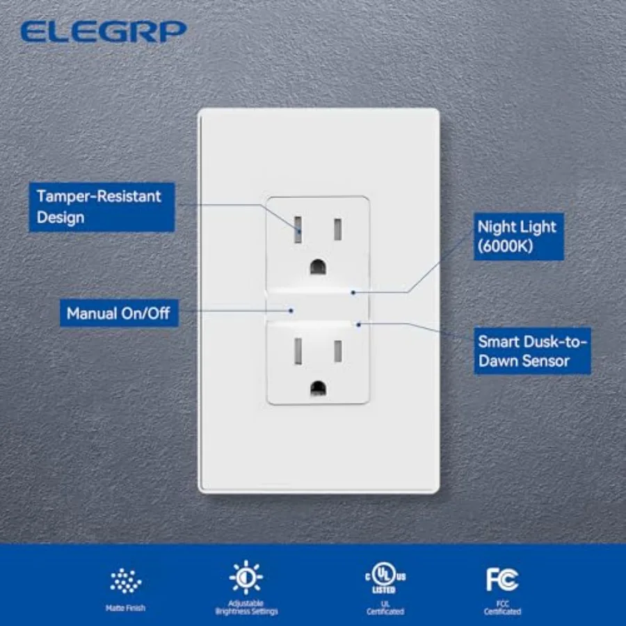 Decorative Outlet Night Light, Electrical Wall Outlets with Built in Led Guidelight 000K, Tamper Resistant Receptacle, 5 Amp 5