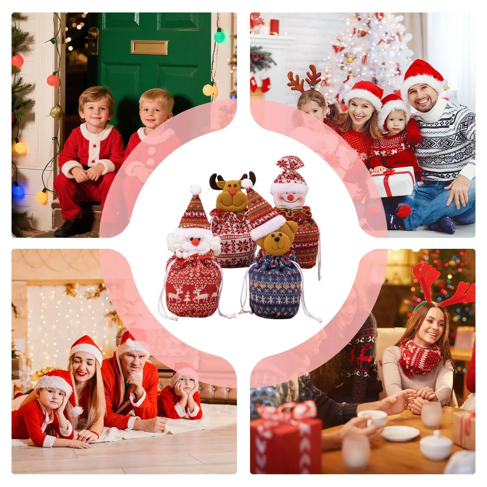 Kerstfeestzakjes 4-delig Trekkoord Vakantiezakjes Kerst 3D-popdecoratietassen voor familievrienden Buren