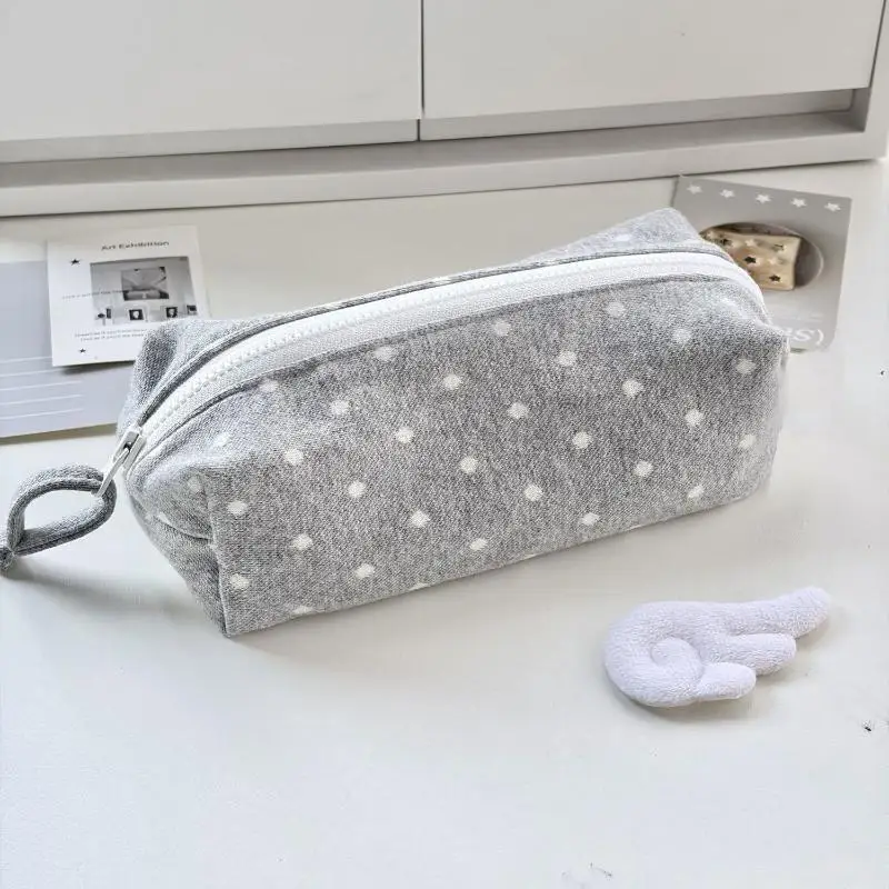 Portable Soft Grey Polka Dot Canvas Pencil Case Large Capacity Smooth Zipper For Students School Office Daily Stationery Storag