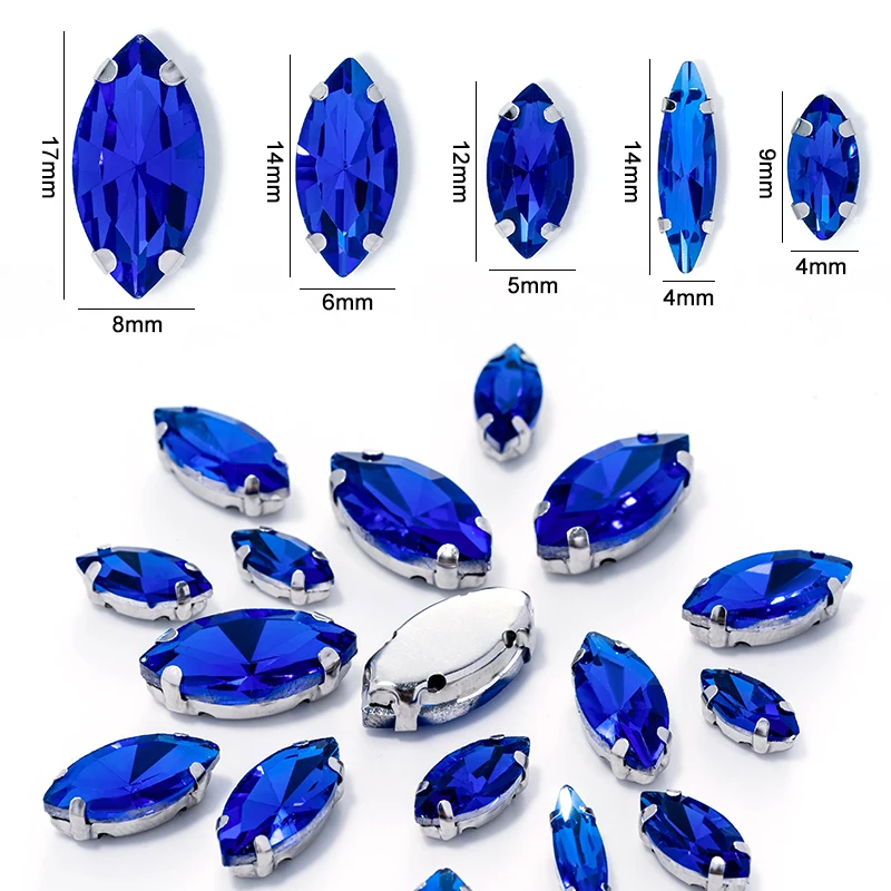 QIAO Mix Size 50Pcs Navette Sliver Claw Rhinestones Setting Shape Glass Crystal Sew On Rhinestone Wedding Dress Shoes Bags DIY